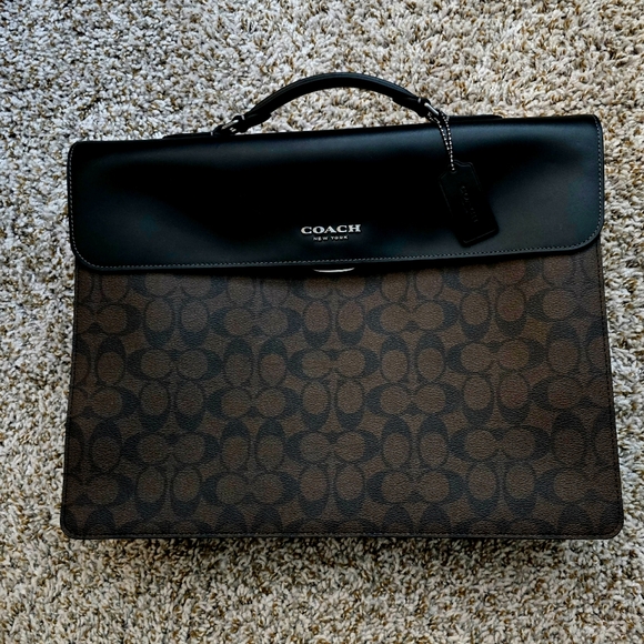 Coach Brief Deep Brown Signature Coated Canvas with Smooth Calf Skin Leather - Picture 1 of 5